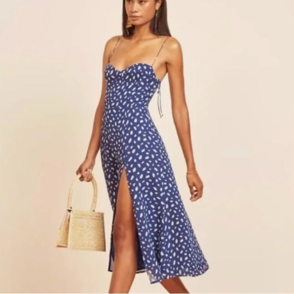 Reformation Blue Spotted Sweetheart Midi Dress